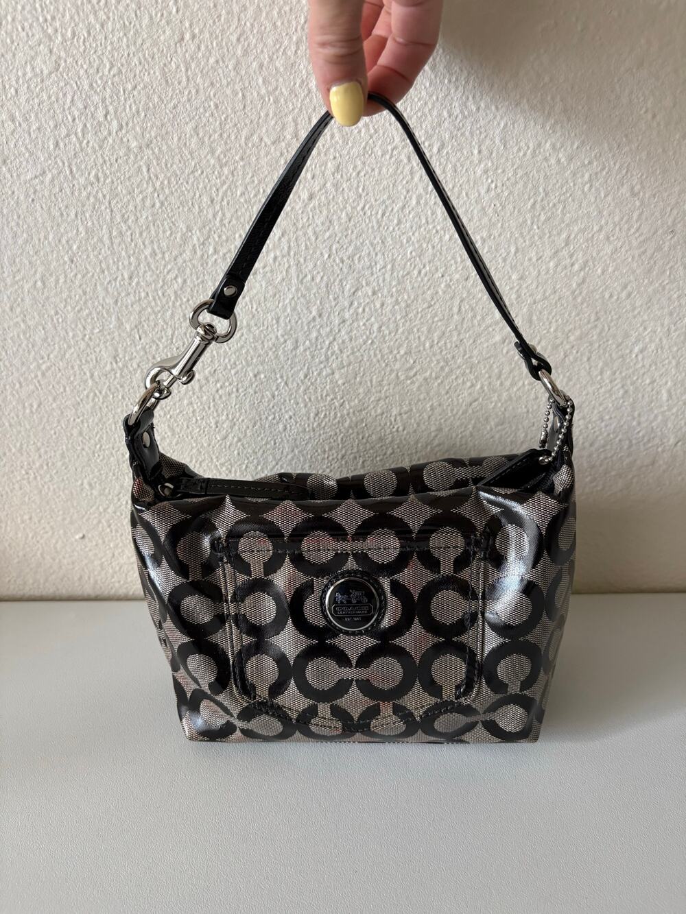 Coach Mini Shoulder Bag y2k Black Gray monogram Baguette retro glam going out
